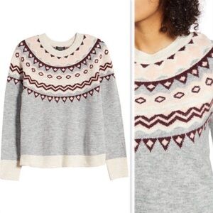 Halogen Atlantic Pacific Gray and Pink Geometric Fair Isle Sweater size Large